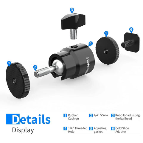 Exploded view of Mini Ball Head With Cold Shoe And One Quarter Inch Screw Pack Of Two for cameras and accessories showing parts and labels.
