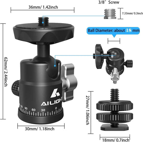 Diagram of Two Pack Mini Ball Heads With 360 Degree Pan And 135 Degree Tilt Locking Knob, rubber base, metal adapter, and screw sizes for cameras