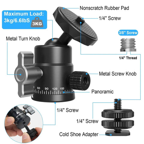 Mini Ball Head For Tripods With 360 Degree Panoramic Rotation And 135 Degree Tilt Universal 1/4 Inch To 3/8 Inch Screw Adapter Dual Cold Shoe Mount, showing features and dimensions