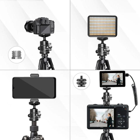 Mini Ball Head For Tripods With 360 Degree Panoramic Rotation And 135 Degree Tilt Universal 1/4 Inch To 3/8 Inch Screw Adapter Dual Cold Shoe Mount Compatible With DSLR Cameras, LED lights, and camcorders on tripods.