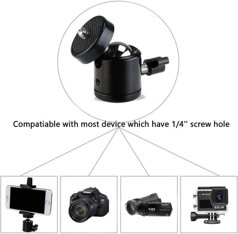 Quarter Inch Mini Ball Head Tripod Mount 3 Pack with 360 Degree Rotating Panoramic Base Adapters, compatible with various devices.