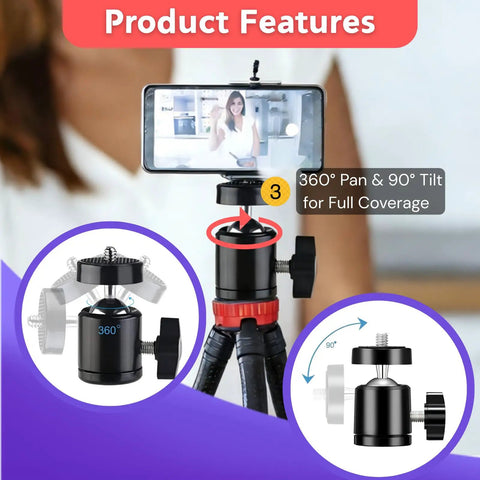 Quarter Inch Mini Ball Head Tripod Mount 3 Pack With 360 Degree Rotating Panoramic Base Adapters holding a smartphone
