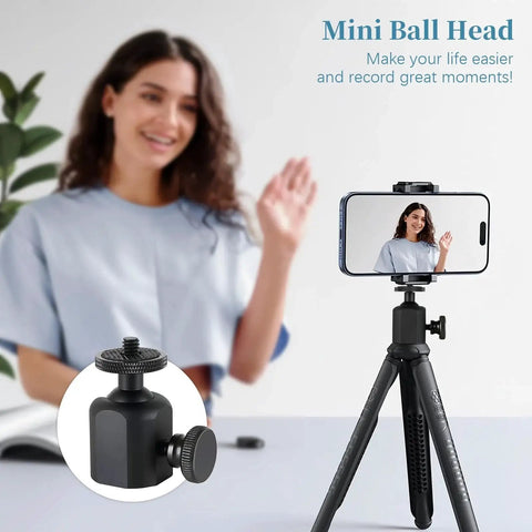 Universal Tripod Ball Head With One Quarter Inch Thread Mount 360 Degree Rotatable holding smartphone on tripod filming person