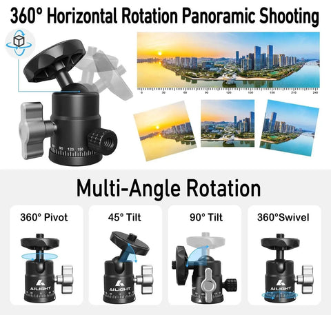 Mini Ball Head For Tripods With 360 Degree Panoramic Rotation and 135 Degree Tilt showing multi-angle adjustments and panorama photos.