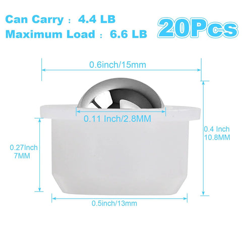 Close-up of 20 Pcs Mini Ball Transfer Bearings 1/3 Inch Nylon Cup with Stainless Steel Ball, measuring dimensions and load capacity.