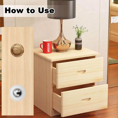Mini ball transfer bearings shown on wooden drawer for furniture enhancement, with 20 Pcs 1/3 Inch Nylon Cup and Stainless Steel Ball.