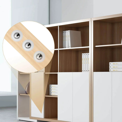 Close-up of mini ball transfer bearings installed on furniture shelf; 20 Pcs Mini Ball Transfer Bearings 1/3 Inch Nylon Cup with Stainless Steel Ball