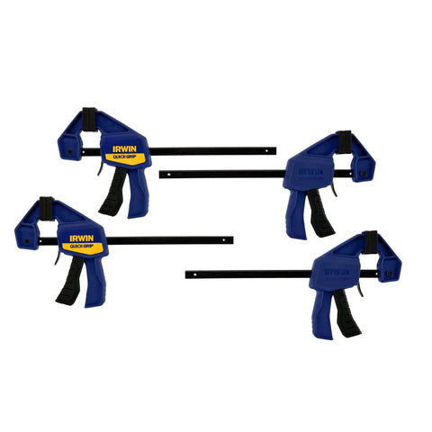 IRWIN Quick-Grip 6-inch one-handed mini bar clamps, set of four, blue with black handles.