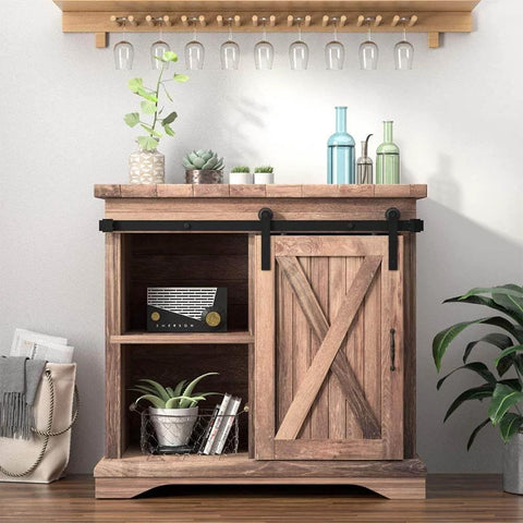 3.5FT Super Mini Sliding Barn Door Hardware Kit for Single Cabinet Doors on TV Stands and Small Wardrobes installed on wooden cabinet