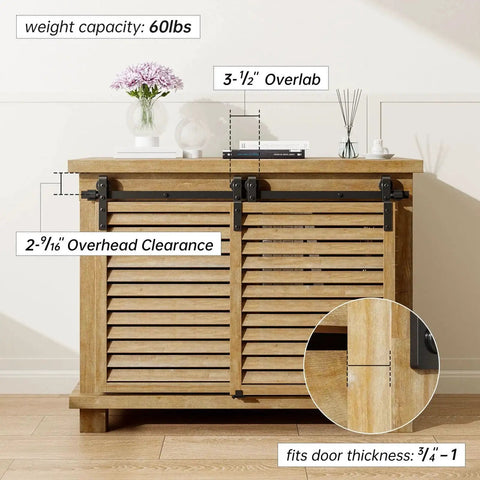 4Ft Bypass Mini Sliding Barn Door Hardware Kit For Two Doors With Black Coated Steel Track Set on wooden cabinet