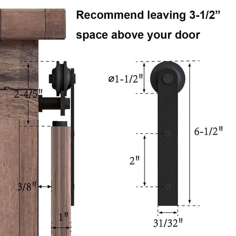 Diagram of I Shape hanger in 3.5FT Super Mini Sliding Barn Door Hardware Kit, showing measurements for TV stands and small wardrobes.