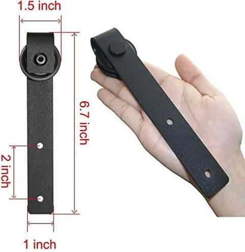 Hand holding 6.6FT Super Mini Sliding Barn Door Hardware Kit for Single Cabinet Doors, J shape hanger, dimensions shown