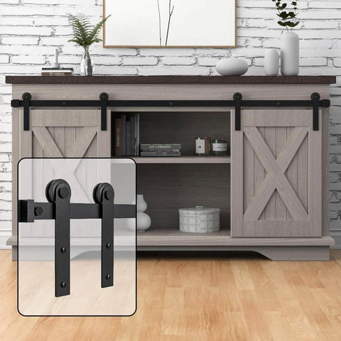 5FT Super Mini Barn Door Hardware Kit for Sliding Double Doors TV Stands and Wardrobe Cabinets with I Shape Hanger in use on cabinet