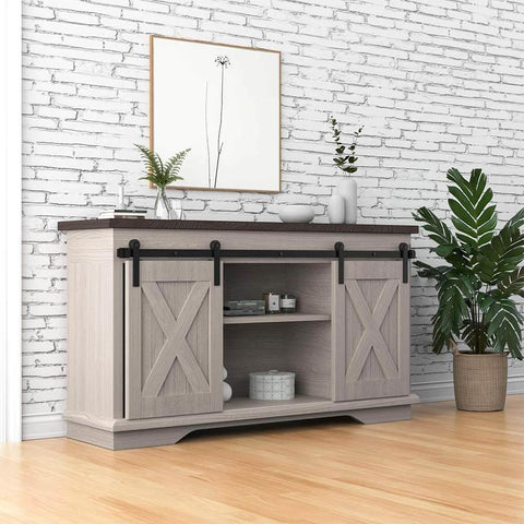 5FT Super Mini Barn Door Hardware Kit for Sliding Double Doors TV Stands and Wardrobe Cabinets with I Shape Hanger, installed on cabinet