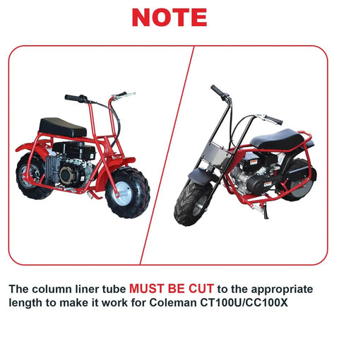 Side view of red mini bikes showcasing chrome steel axle and parts for Mini Bike Steering Bearings And Bushing Kit For Coleman CT200U BT200X CT200U EX RT100 RT200 And Predator 212cc Minibikes Chrome Steel Axle Sleeve Deep Groove Ball Bearings Wear Resistant Durable And Easy Fit.