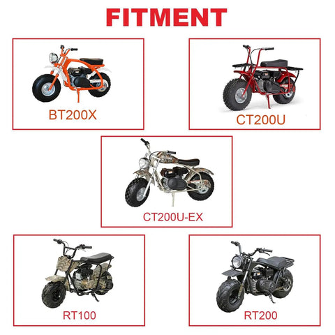 Fitment guide showing five mini bikes: BT200X, CT200U, CT200U-EX, RT100, and RT200, compatible with the steering bearings kit.