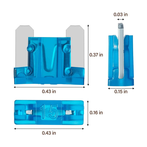 Close-up of blue 15A mini blade fuse dimensions from Low Profile Mini Fuse Kit With 100 Piece Premium Blade Fuses And Puller