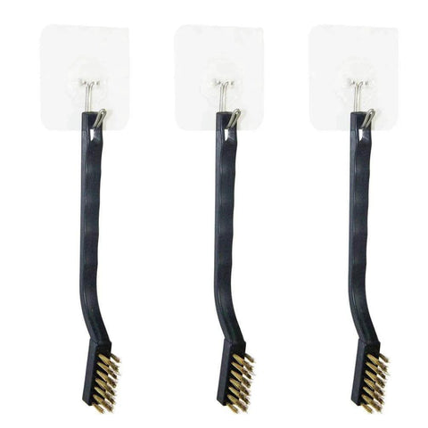 9PCS MINI Brass Brushes Set with curved handles hanging on hooks, visible bristles for cleaning welding slag and rust removal