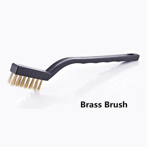 9PCS MINI Brass Brushes Set with curved handles, shown in side view, ideal for welding slag and rust removal.