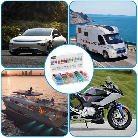 120 Piece Mini Car Fuses Kit With Color Coded 2A-35A Fuses shown with car, camper, boat, motorcycle in use.
