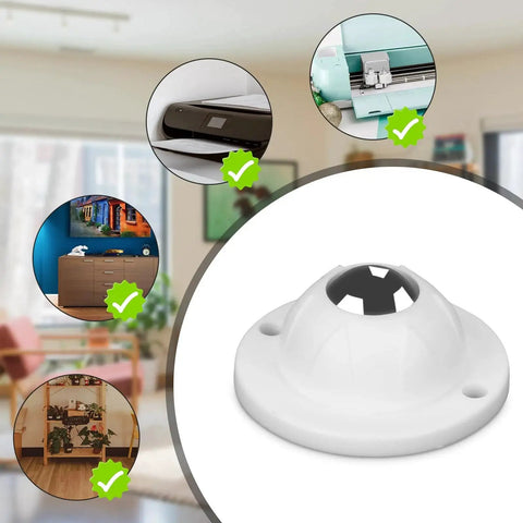 White ABS mini caster wheel with self-adhesive base, shown with applications for cutting machines and furniture mobility enhancement.