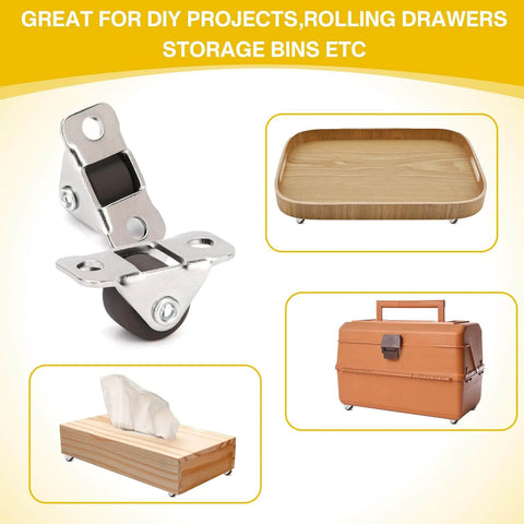 16Pcs 1/2 Inch Mini Caster Wheels Low Profile One Direction with Rubber Wheels Steel Top Plate shown with storage trays and boxes