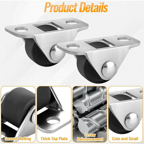 0.5 Inch Mini Caster Wheels Set With Metal Plate Self Adhesive Low Profile Casters For Furniture Small Appliances Carts Drawers Storage Boxes And Bins 8 Pack Includes 16 Screws Durable Rubber On Steel For Smooth Quiet Mobility, showing steel plate and rubber wheel close-up.