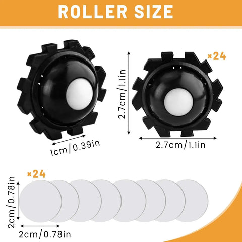 Close-up of Splicable Mini Caster Wheels 24 Pieces With 360 Degree Swivel And Self Adhesive Stick On Sliders, showing dimensions.