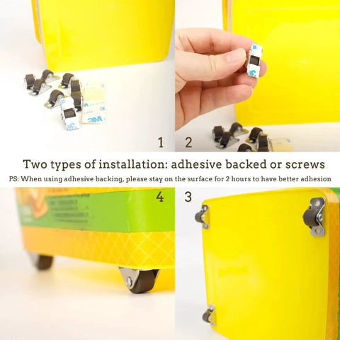 Image showing Mini Fixed Caster Wheels 0.5 Inch Low Profile Rubber Set Of 8 Self Adhesive Plate Caster Wheels installation methods.