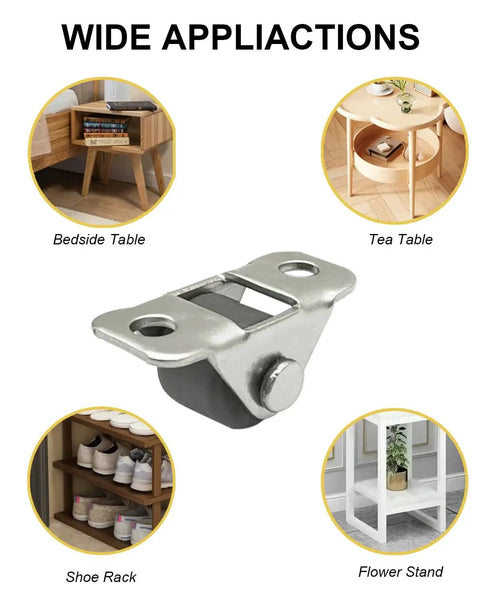 Mini Caster Wheels Set Of 24 Low Profile Half Inch Non Swivel Wheels With Rubber Rolling Treads And Steel Top Plate For Small Appliances Furniture And DIY Projects Quiet Operation And Surface Protection with application examples including bedside table, tea table, shoe rack, and flower stand.