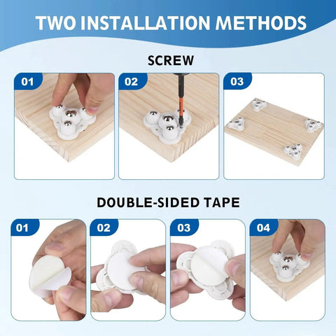 Mini Self Adhesive Caster Wheels Set Of 4 installation methods using screws and double-sided tape for furniture and appliances.