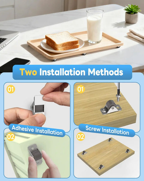 Mini Low Profile 0.5 Inch Caster Wheels Self Adhesive And Screw Mounted Rubber Casters on tray with installation methods shown.