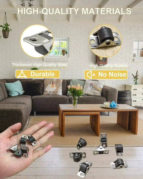 Mini Caster Wheels Set Of 24 Low Profile Half Inch Non Swivel Wheels With Rubber Rolling Treads And Steel Top Plate displayed indoors