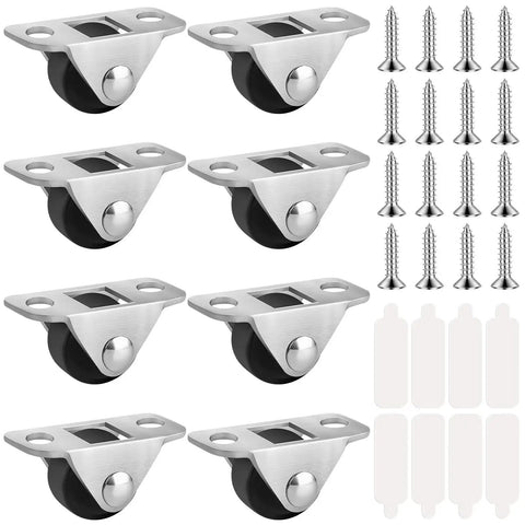 0.5 Inch Mini Caster Wheels Set with Metal Plate Self Adhesive Low Profile Casters for Furniture Small Appliances Carts Drawers Storage Boxes and Bins 8 Pack Includes 16 Screws Durable Rubber On Steel For Smooth Quiet Mobility shown with screws and adhesive pads