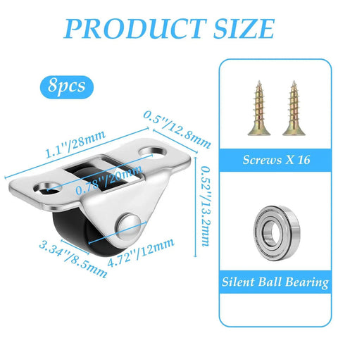 Eight Piece Mini Fixed Caster Wheels Set with steel top plate, 0.5 inch low profile, TPE rubber wheel, and screws.