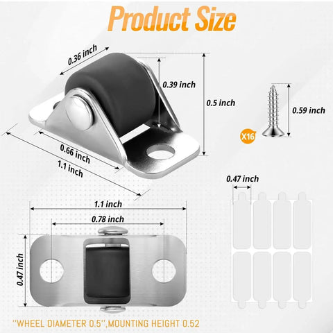 0.5 Inch Mini Caster Wheels Set With Metal Plate Self Adhesive Low Profile Casters For Furniture Small Appliances Carts Drawers Storage Boxes And Bins 8 Pack Includes 16 Screws Durable Rubber On Steel For Smooth Quiet Mobility size diagram