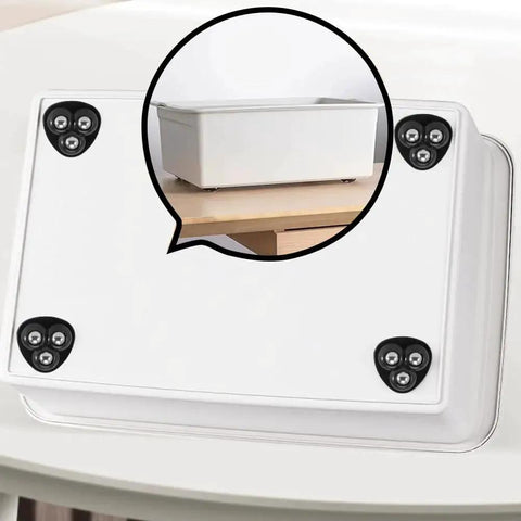 White storage bin with 12 Pcs Self Adhesive Mini Caster Wheels For Small Appliances And Furniture, 360 Degree Swivel Casters visible.