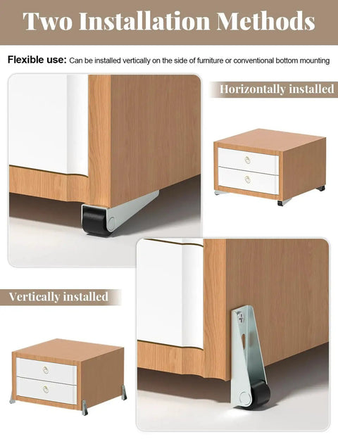 Illustration of furniture showing Four 0.9 Inch Low Profile Mini Casters Wheels for Furniture and DIY Projects, installed side and bottom.