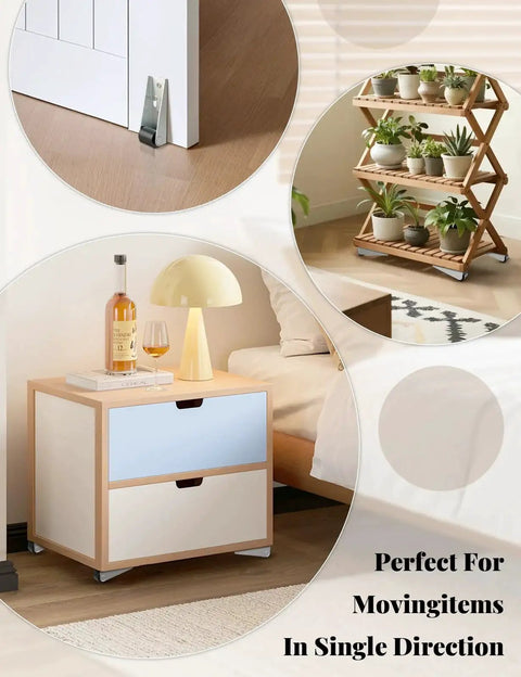 Four 0.9 Inch Low Profile Mini Casters Wheels for Furniture and DIY Projects on drawer and plant stand
