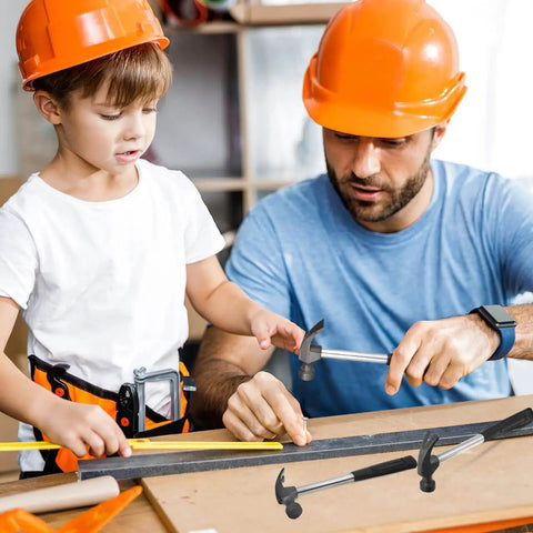 Adult and child using Mini Claw Hammer 5 Piece Set, 4 Oz Lightweight Hammer With Rubber Handle for DIY projects at home.