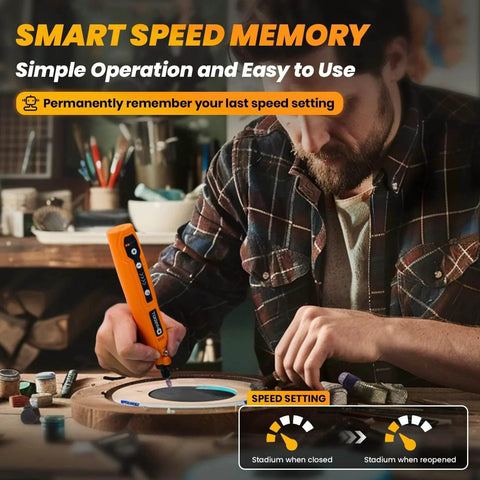 Man using Mini Cordless Rotary Tool Kit 5 Speed USB Charge 69 Accessories For Sanding Polishing Drilling Engraving Resin Crafts at a workbench