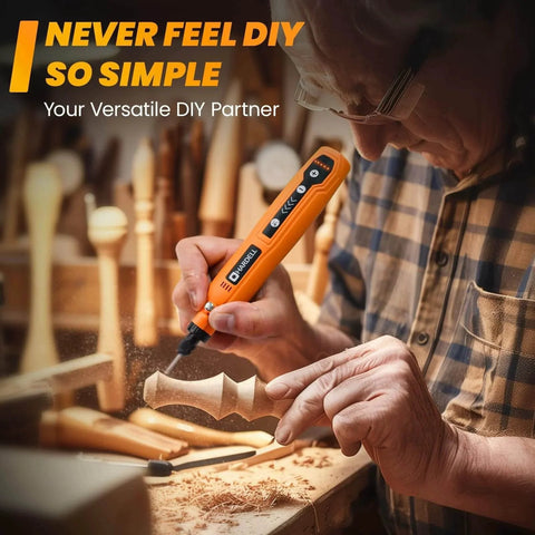 Person using Mini Cordless Rotary Tool Kit 5 Speed USB Charge 69 Accessories for sanding and carving in a workshop.