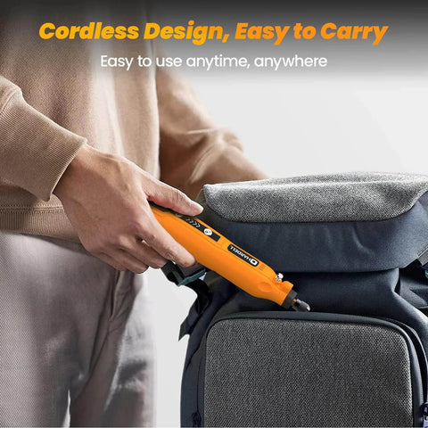 Person placing Mini Cordless Rotary Tool Kit 5 Speed USB Charge into a backpack; easy to carry for sanding, polishing, drilling, engraving.