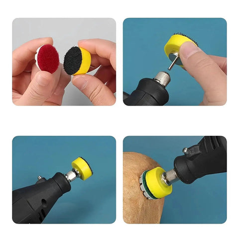 Hands assembling Mini Diamond Polishing Pad Set 14 Pcs Grits 50 to 10000 with Shank Holder on tool, showing usage on material