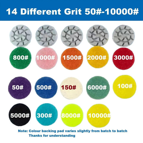 Mini Diamond Polishing Pad Set 14 Pcs Grits 50 to 10000 With Shank Holder showing various grit levels