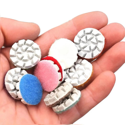 Mini Diamond Polishing Pad Set 14 Pcs Grits 50 to 10000 With Shank Holder held in a hand, showing textured surfaces