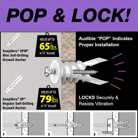 Illustration of mini self drilling drywall anchors with screws made from glass filled nylon for #6 to #8 fasteners installs in 3/8 to 5/8 inch drywall includes #6 x 1-1/4 inch screws rated up to 65 lb made in USA showing installation steps.