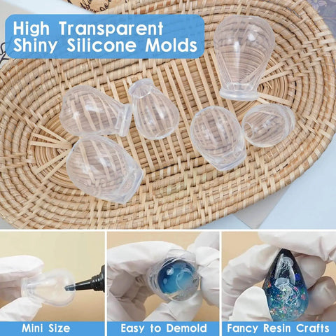 Mini Egg And Waterdrop Silicone Molds Set Six Pieces Clear Resin Molds for Egg and Waterdrop Shapes in Three Sizes Each on Wicker Tray