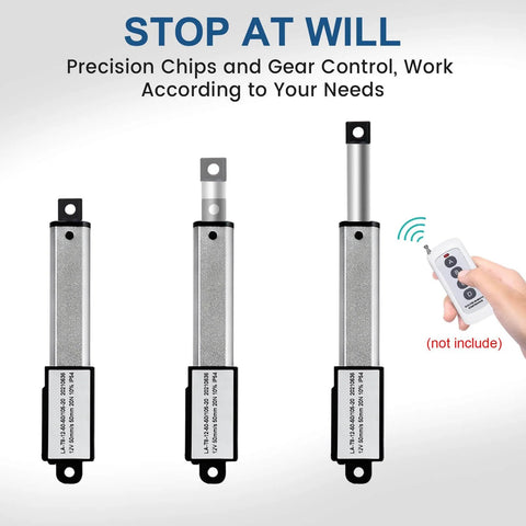 Three Mini Electric Linear Actuator Stroke 2"–Force 4.5 lbs–12V models, extended and retracted, with remote control illustration