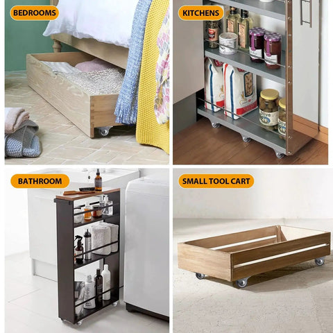 Mini Fixed Casters Set Of 4 With Rubber Wheels And Bearings 130 Lbs Capacity shown on furniture and shelving for various uses.